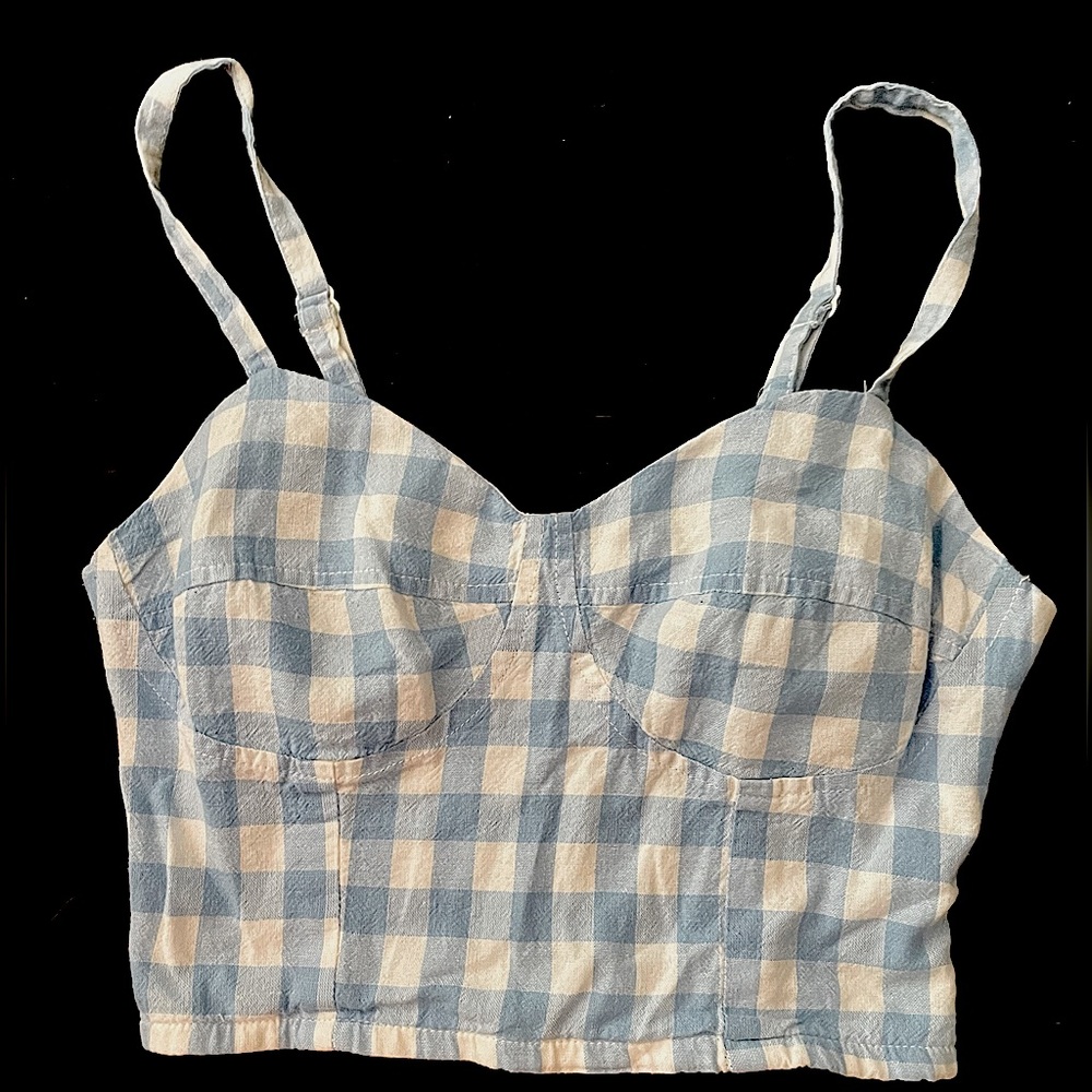 Light Blue and Off White Plaid Crop-Top